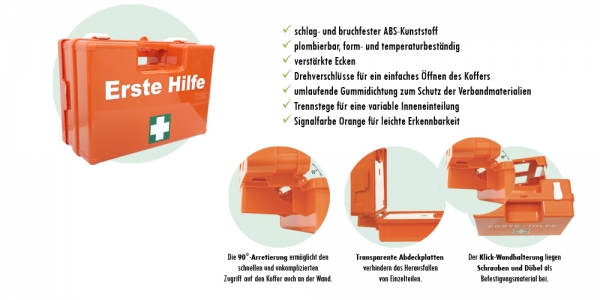 Erste Hilfe Kasten mit aktueller DIN/EN 13157 für BÜRO & BETRIEBE inkl. DIN/EN 13164 für KFZ + 90°-Arr.